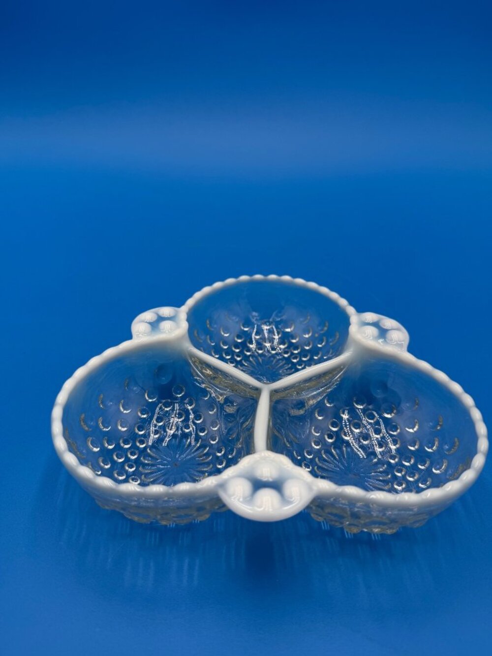 Vintage Fenton Opalescent Hobnail Glass Divided Serving Dish Elegant 3-Section B